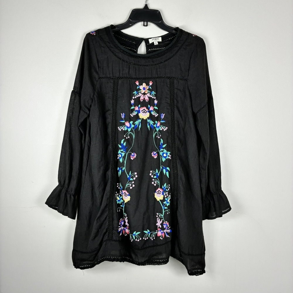 Umgee Boho Embroidered Babydoll Mini Dress Black Long Sleeves sz M Witchy